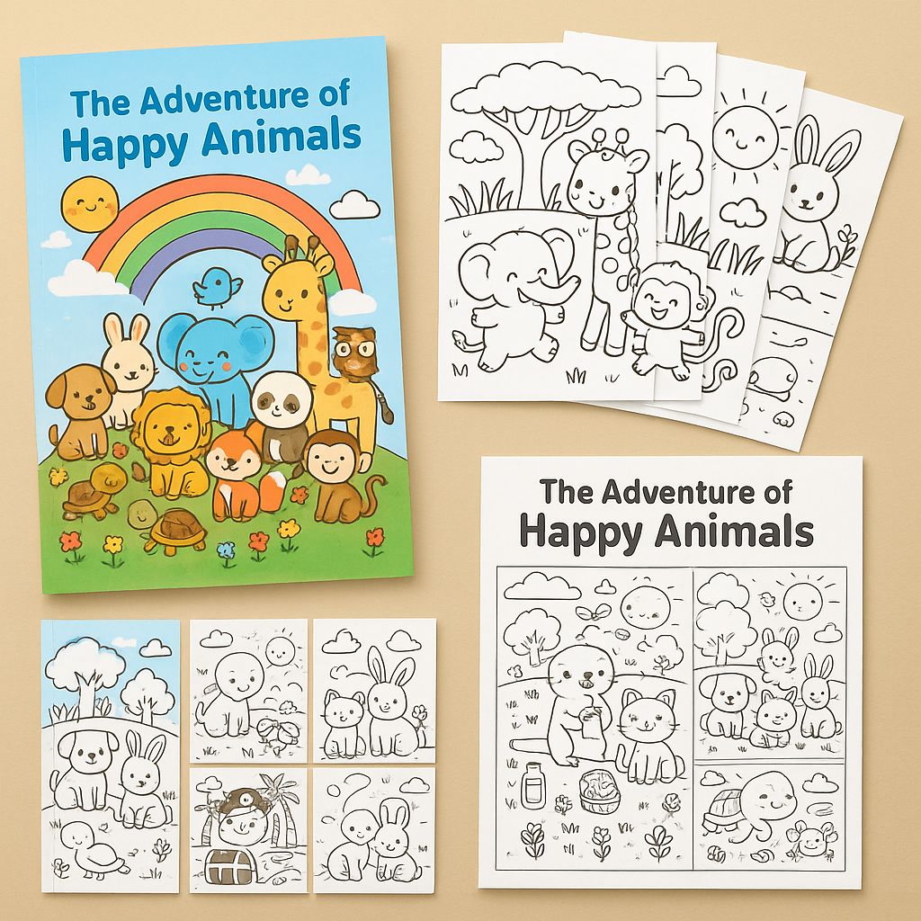 🐘 Happy Animals Adventures Coloring Book | 20 Cute Animal Coloring Pages for Kids | Printable Digital Download (A4 PDF)