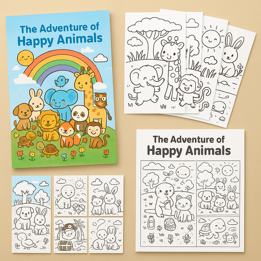 🐘 Happy Animals Adventures Coloring Book | 20 Cute Animal Coloring Pages for Kids | Printable Digital Download (A4 PDF)