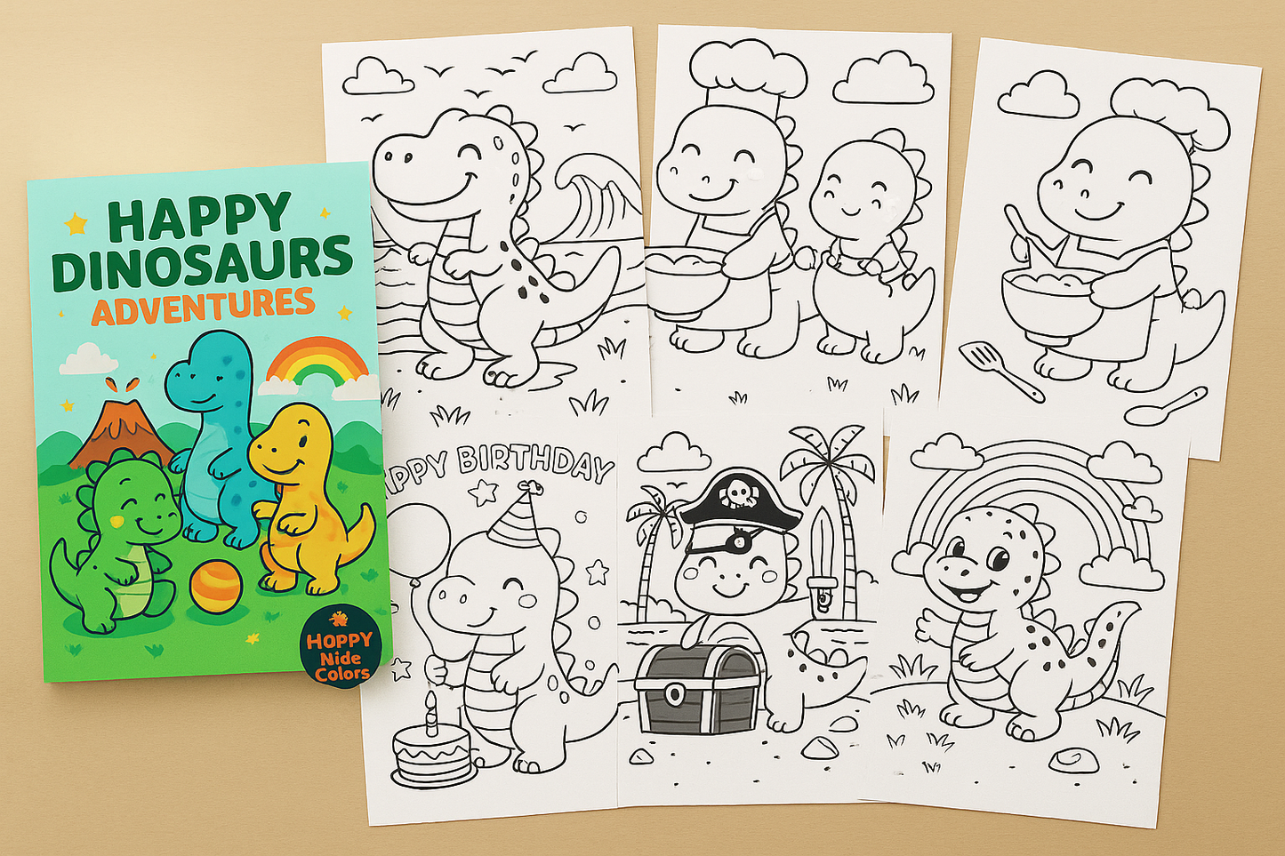 🦕 Happy Dinosaurs Adventures Coloring Book for Kids | 20 Printable Dinosaur Coloring Pages (Instant Download PDF)